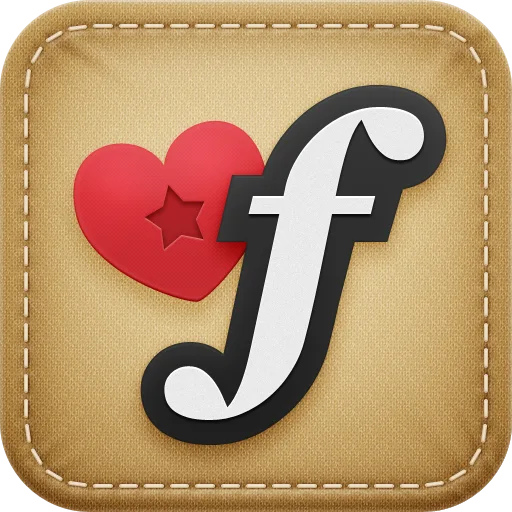 Faveous app icon — skeuomorphic 'f' with heart, leather texture