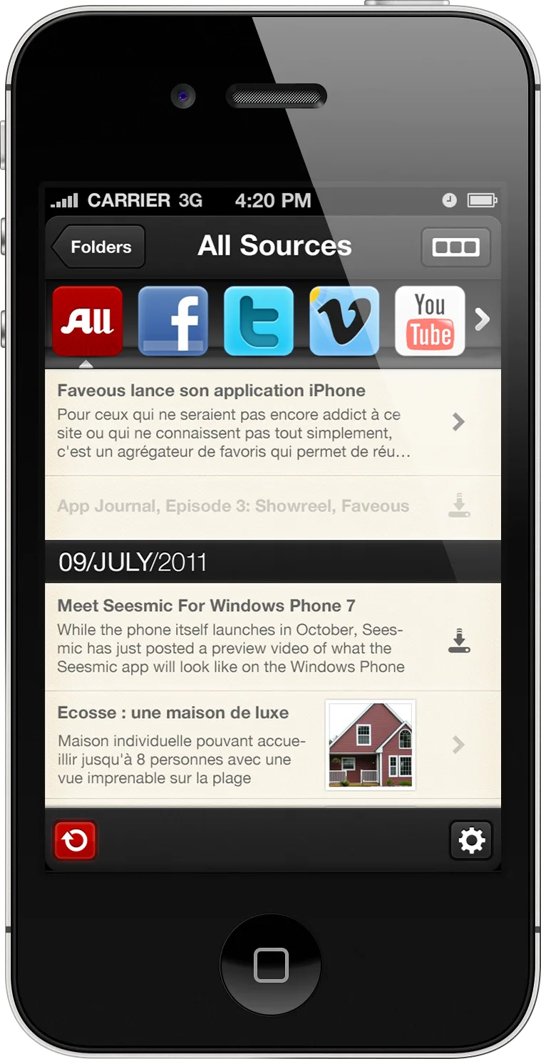 Faveous iPhone app — All Sources feed aggregating Twitter, Facebook, YouTube, and RSS