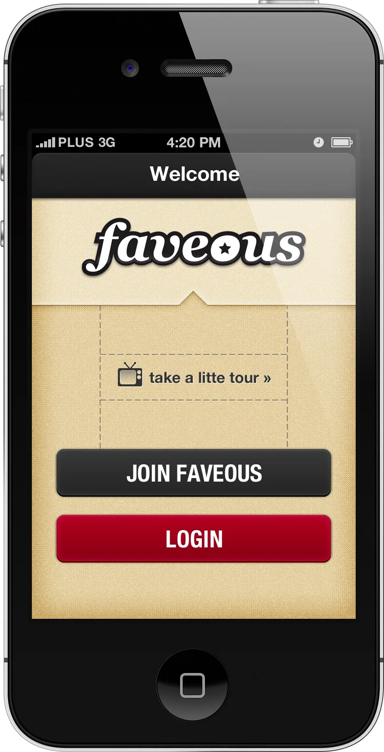 Faveous welcome screen — join or login, textured background with cursive logo