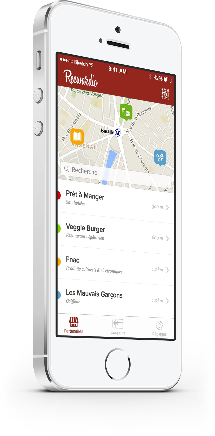 Reewardio app in 3/4 perspective iPhone mockup — offer redemption screen